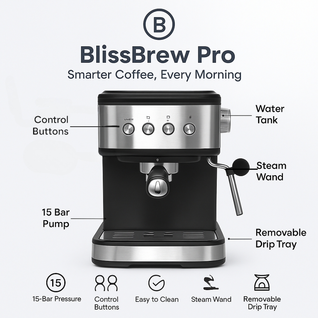 BlissBrew Pro 15 Bar Espresso Coffee Machine