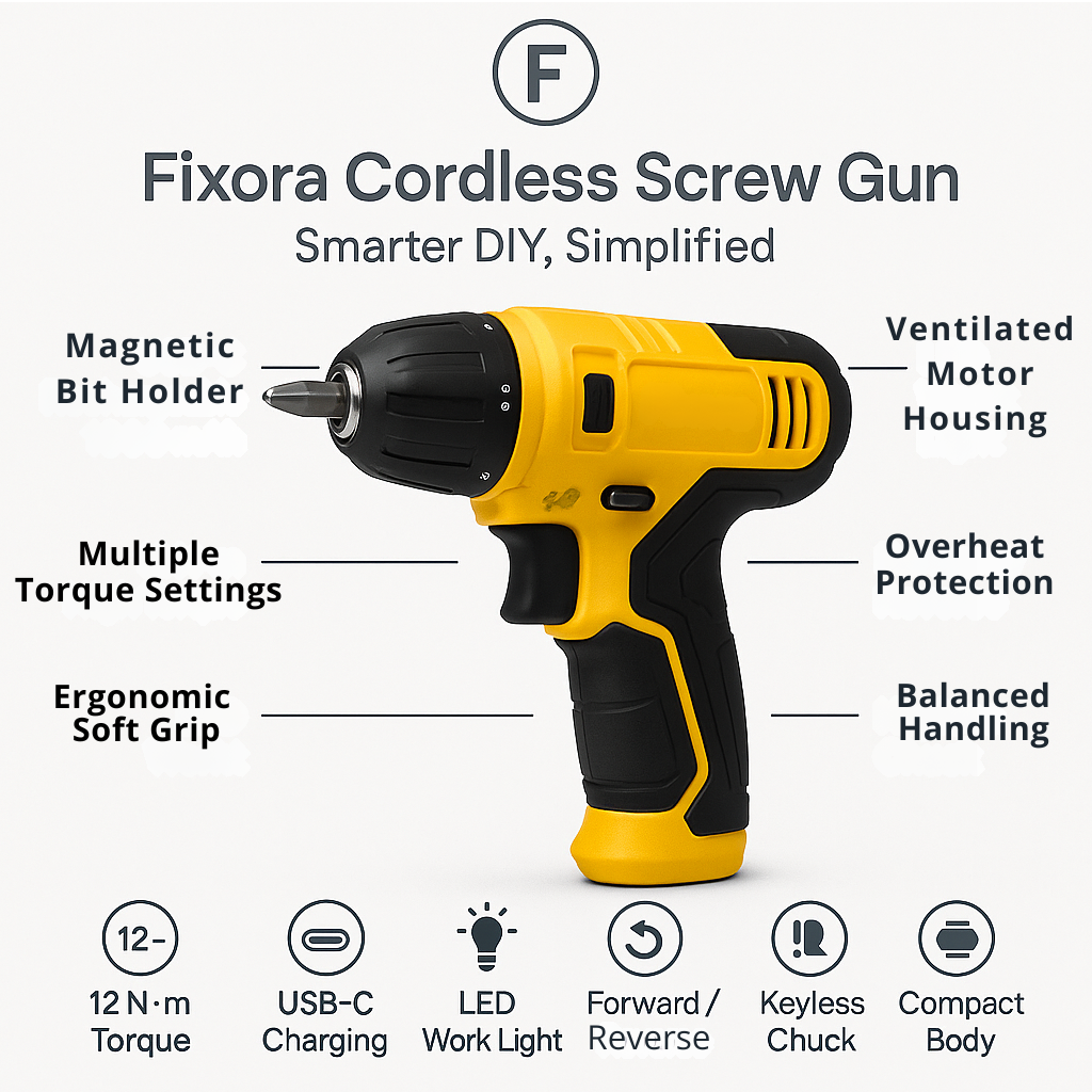 Fixora Cordless Screw Gun – USB Rechargeable Electric Screwdriver Set