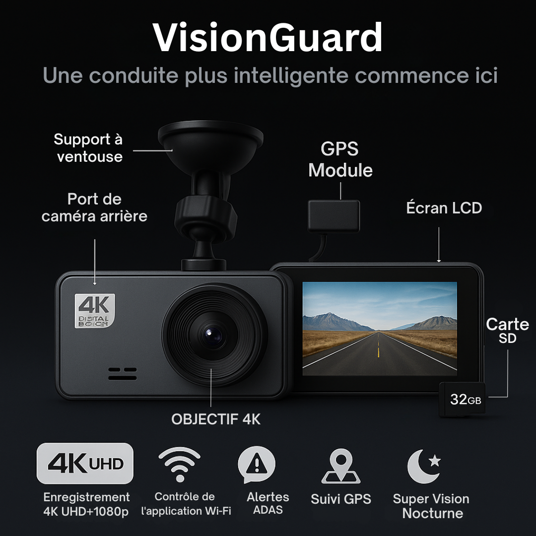 VisionGuard - Caméra Dash Cam Intelligente 4K Ultra HD