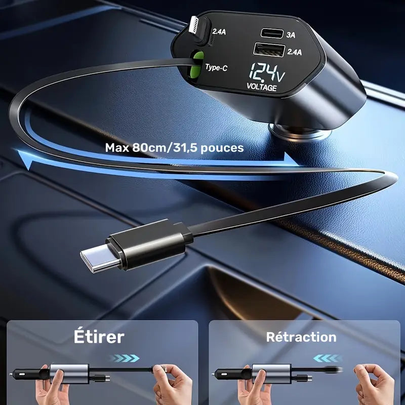 FlashCharge Pro 66 W – Chargeur de voiture rétractable 4 en 1