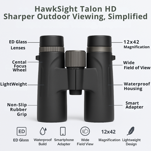 HawkSight Talon HD – 12x42 Binoculars with Sharp ED Glass