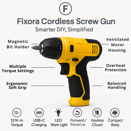 Fixora Cordless Screw Gun – USB Rechargeable Electric Screwdriver Set