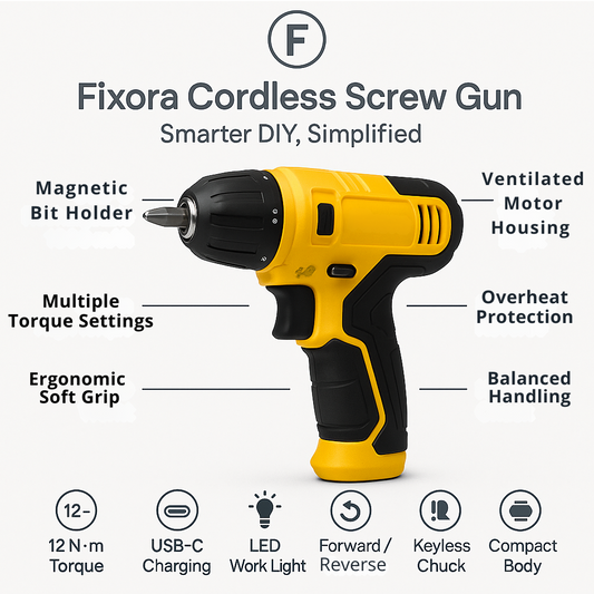 Fixora Cordless Screw Gun – USB Rechargeable Electric Screwdriver Set