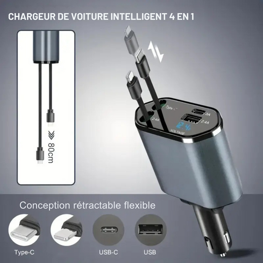 FlashCharge Pro 66 W – Chargeur de voiture rétractable 4 en 1