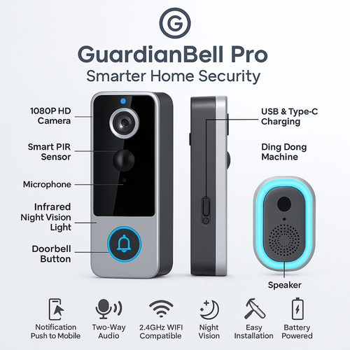 GuardianBell Pro AI Smart Doorbell front view with camera and button