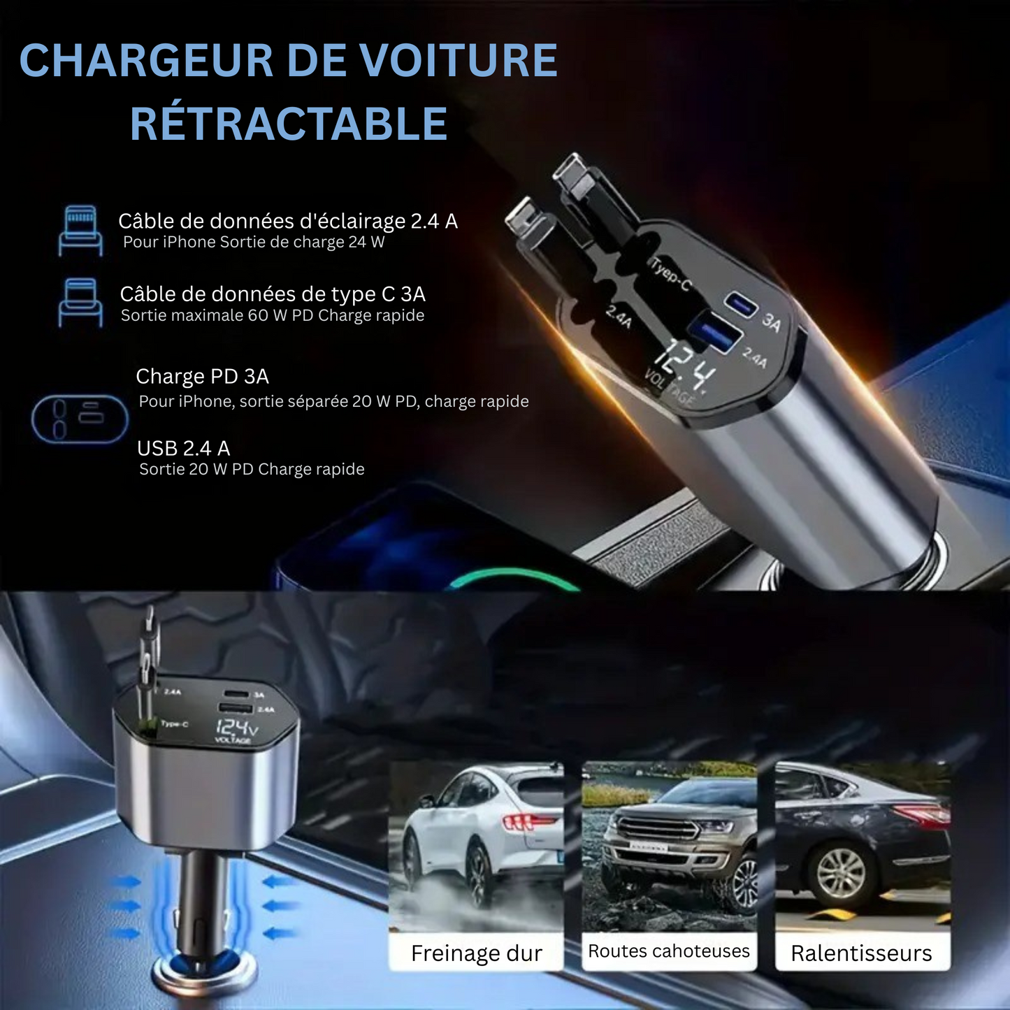 FlashCharge Pro 66 W – Chargeur de voiture rétractable 4 en 1