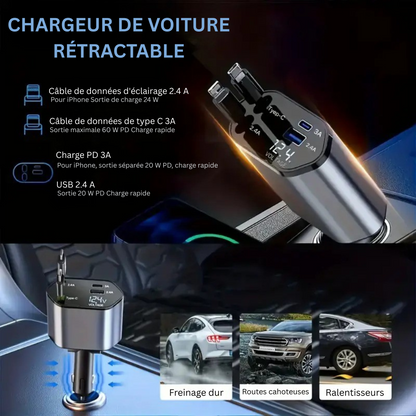 FlashCharge Pro 66 W – Chargeur de voiture rétractable 4 en 1
