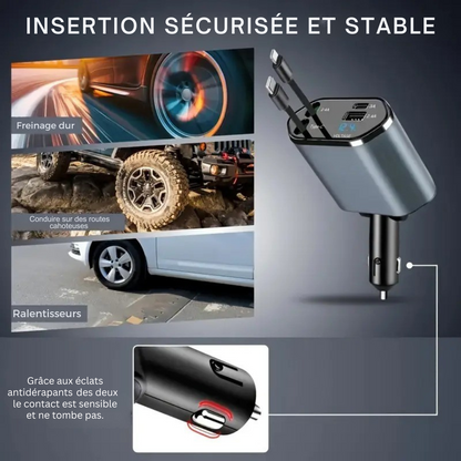 FlashCharge Pro 66 W – Chargeur de voiture rétractable 4 en 1