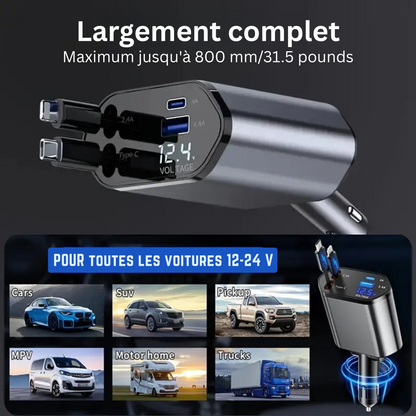 FlashCharge Pro 66 W – Chargeur de voiture rétractable 4 en 1