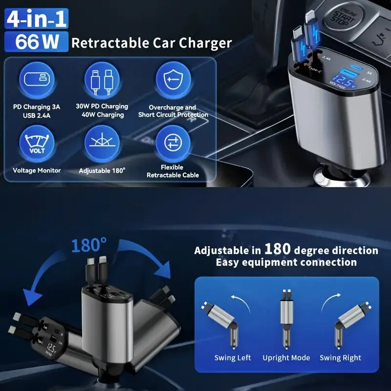 SnapCharge Pro 66W – 4-in-1 Retractable Car Charger